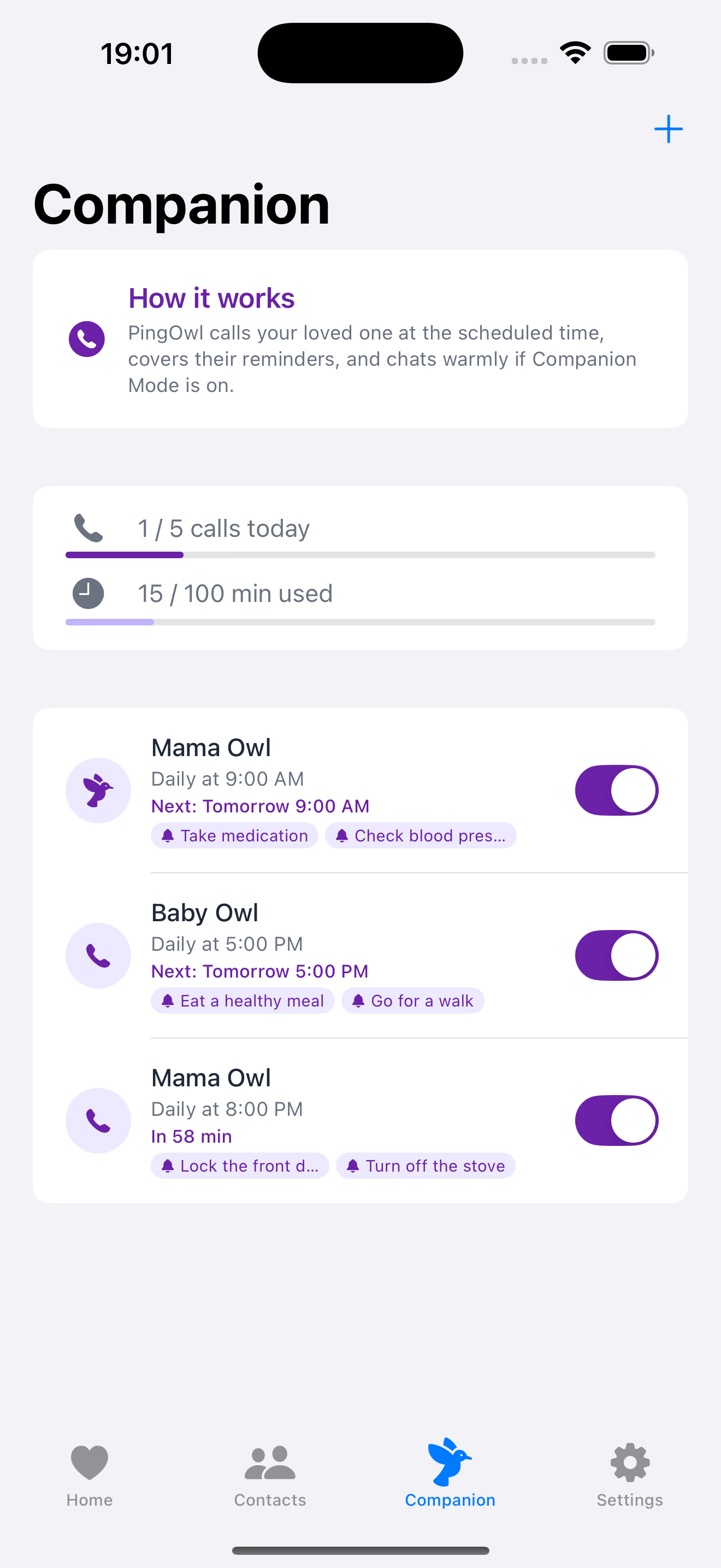 PingOwl companion mode showing scheduled AI calls with reminders