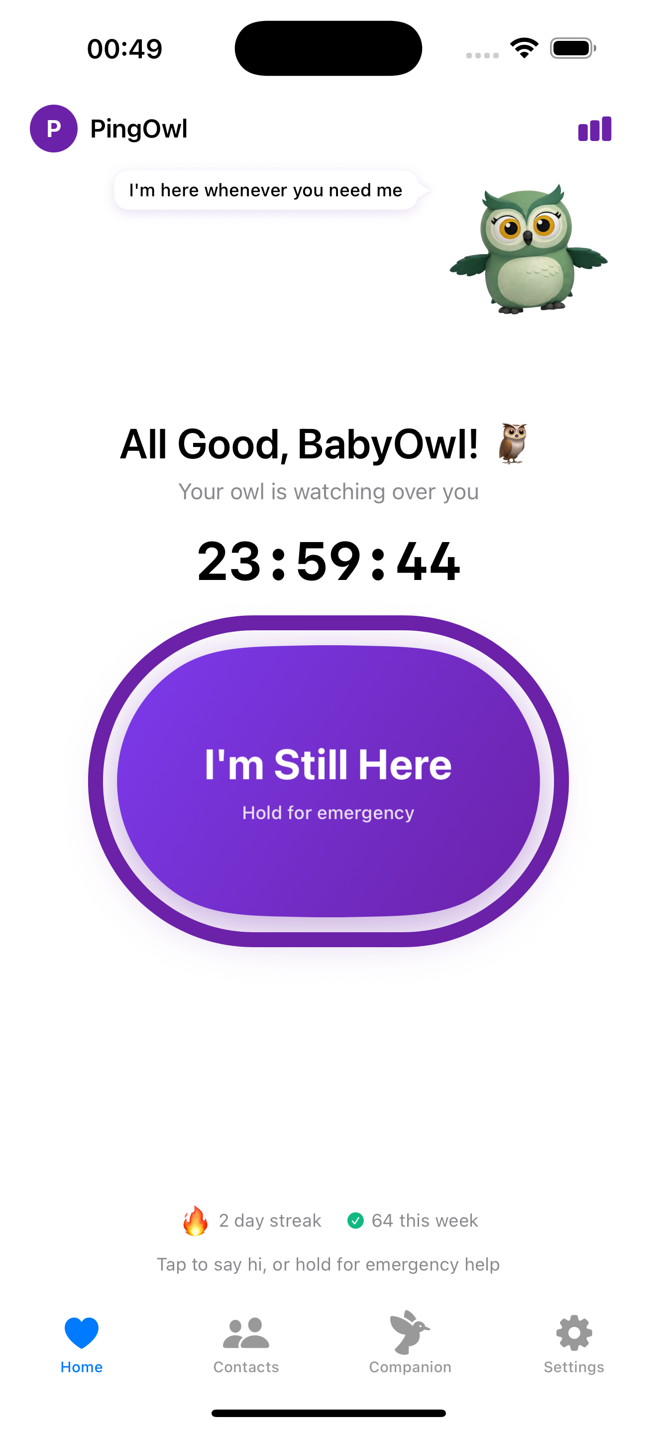 PingOwl app showing the check-in screen with AI companion owl and I'm Still Here button
